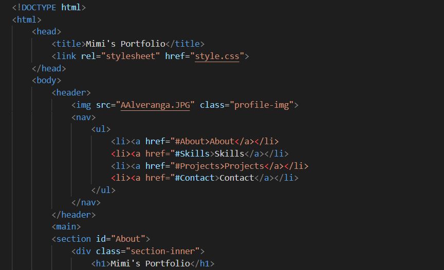 screenshot of html code for portfolio